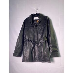 Rebecca Minkoff Black Vegan Faux Leather Belted Trench Jacket w/ Pockets Size XL